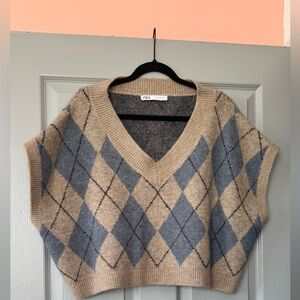 Zara V-Neck Argyle Sweater Vest in Blue and Tan